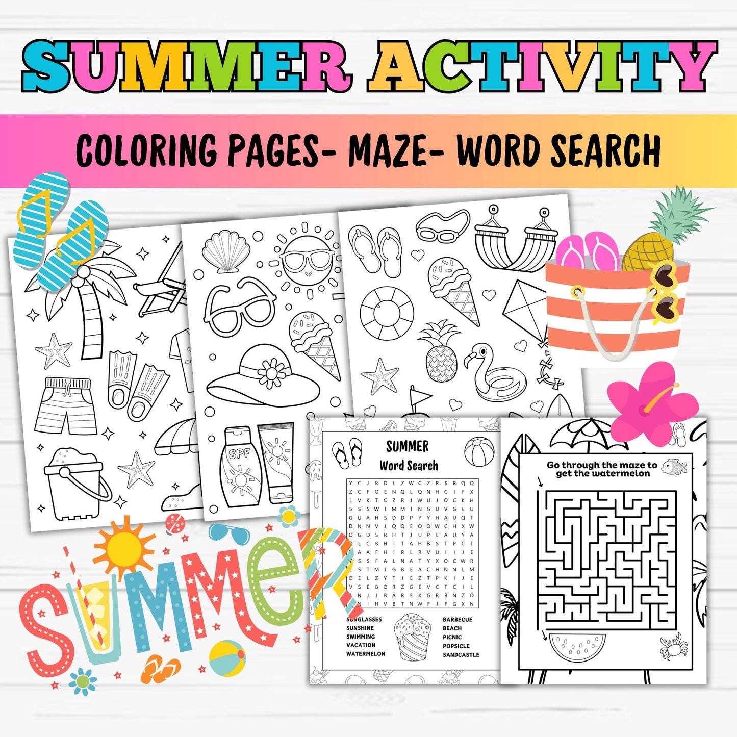 Summer Kids Coloring Activity- Summer Word Search - Printable Download