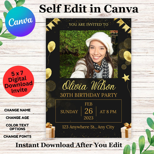 girls black and gold 30th birthday invite