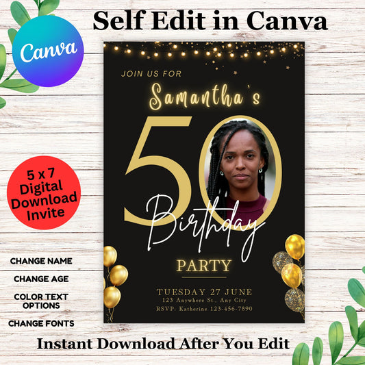 Black and Gold 50th Photo Birthday Invitation- Printable 50th Birthday Invitation Template