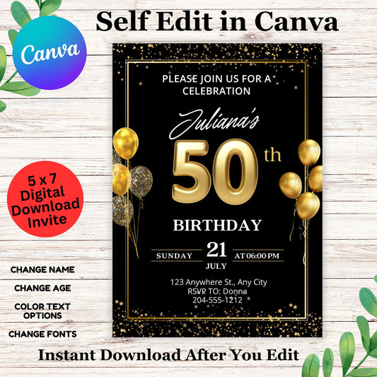 50th Birthday Invitation Template - Printable 50th Birthday Invitation Editable in Canva