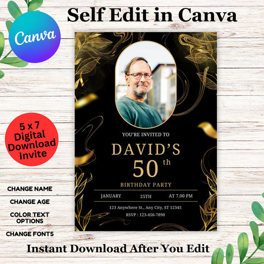 Black Gold Leaf 50th Birthday Invitation Template - Printable 50th Birthday Invite