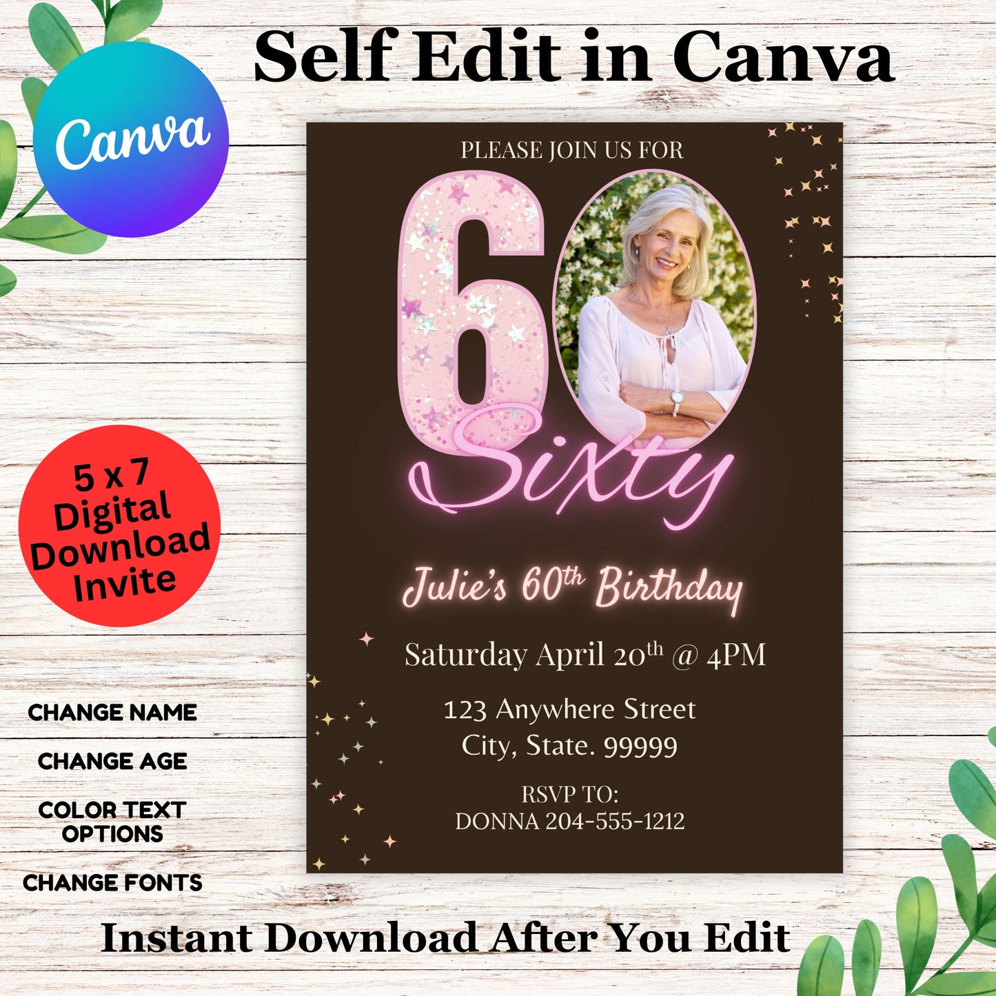60th Woman's Birthday Invitation Template - Cute Elegant 60th Birthday Invite