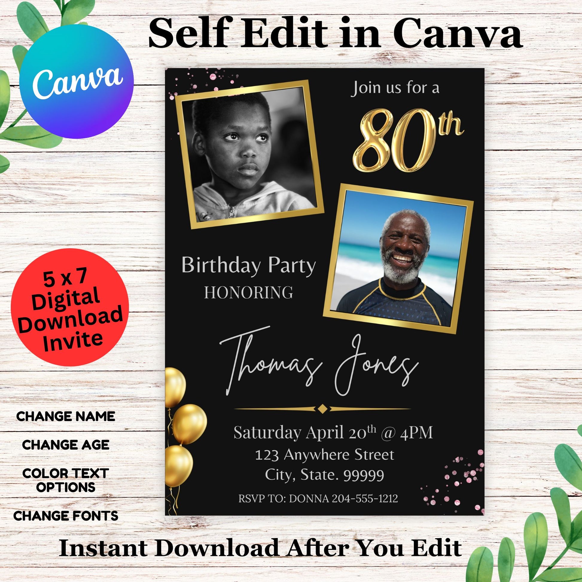 Black Gold 80th Birthday Party Invite Template - Editable 80th Birthday Invitation in Canva