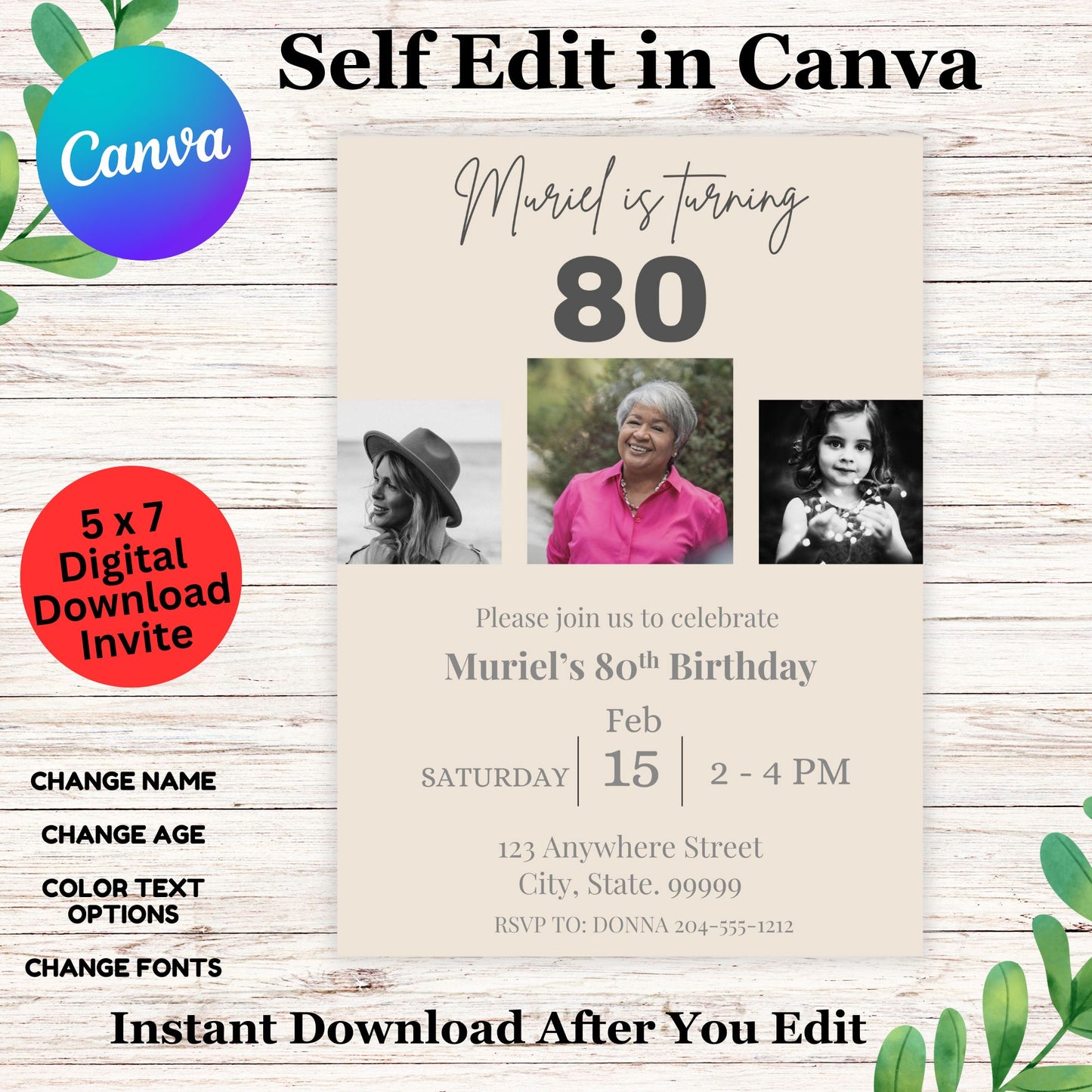 80th Birthday Photo Invitation Template - Editable 80th Birthday Invite in Canva