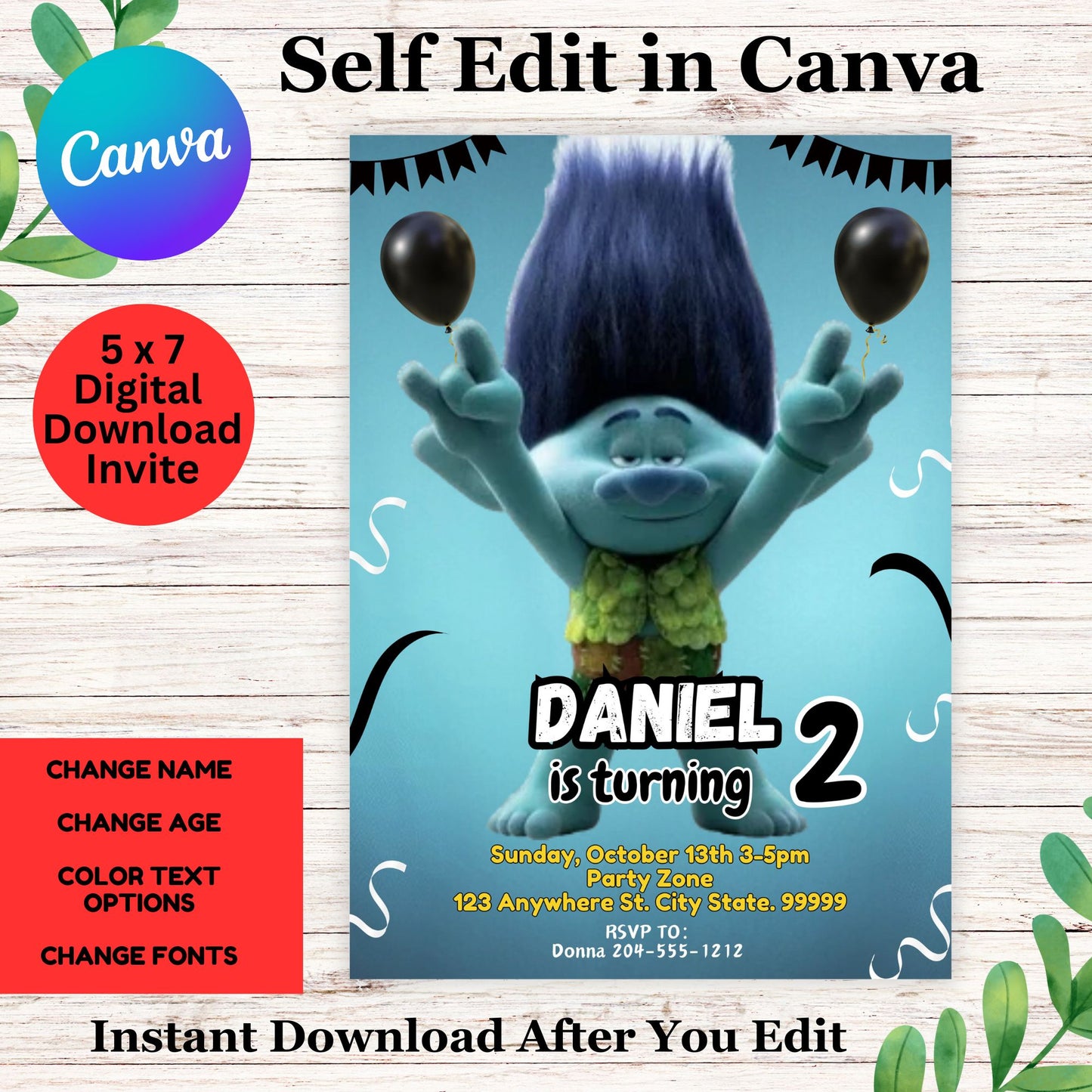Trolls Branch - Trolls birthday Invitation Template - Branch Birthday Party Printable Invite