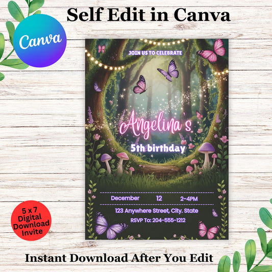 Whimsical Fairy Mushroom Birthday Invitation Template | Editable Canva | Magical Woodland Girl Party Invite | Printable Digital Download