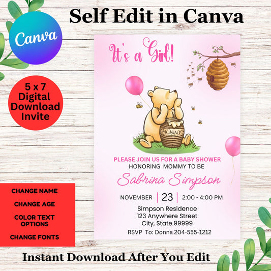 Winnie the Pooh Baby Shower Invitation for Girl Template - Winnie the Pooh Shower for Girl