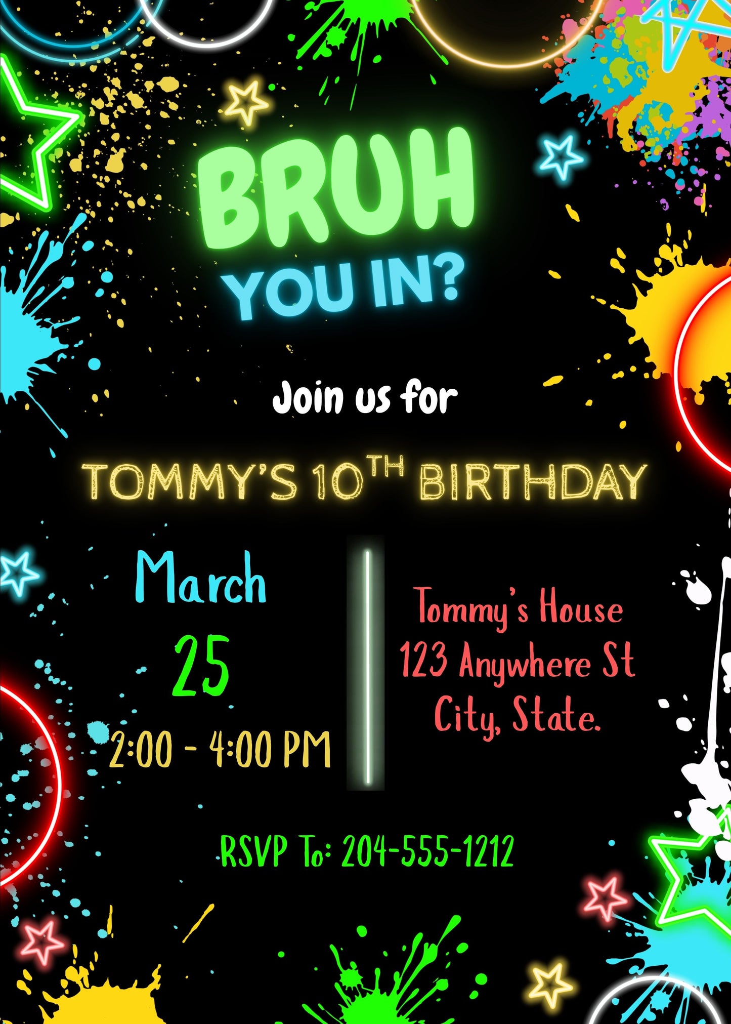 kids neon bruh you in birthday invite