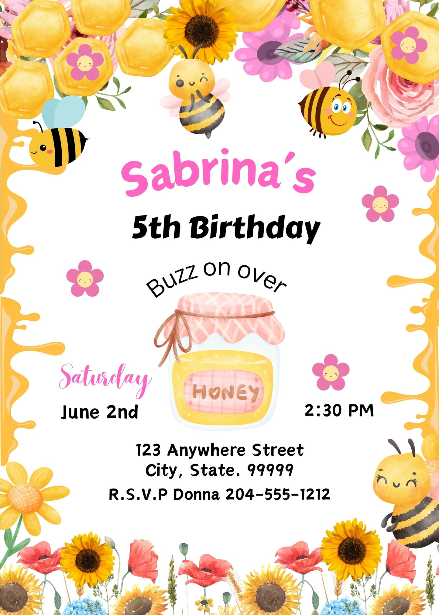 editable bee birthday invite template