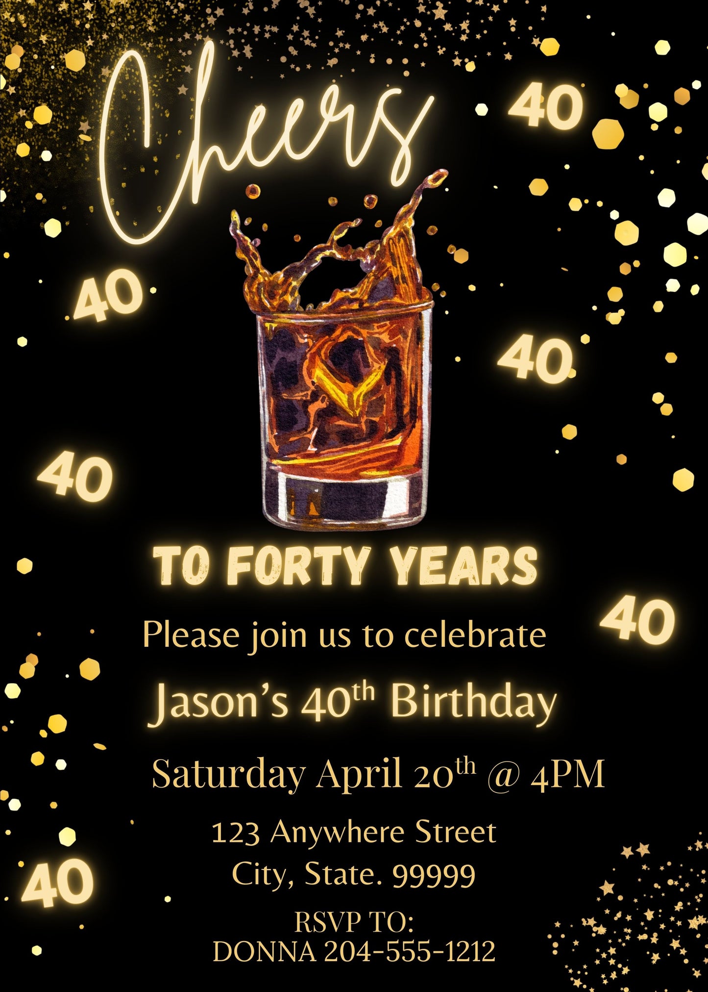 black gold 40th birthday party invite