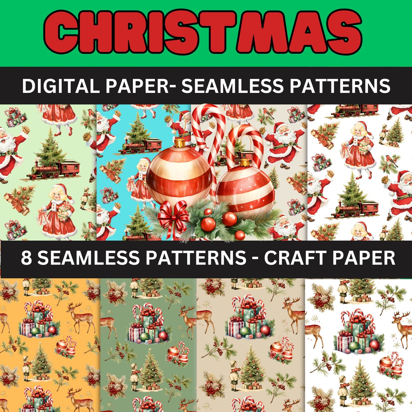 Christmas Seamless Pattern Digital Paper- Old Fashioned Christmas Paper