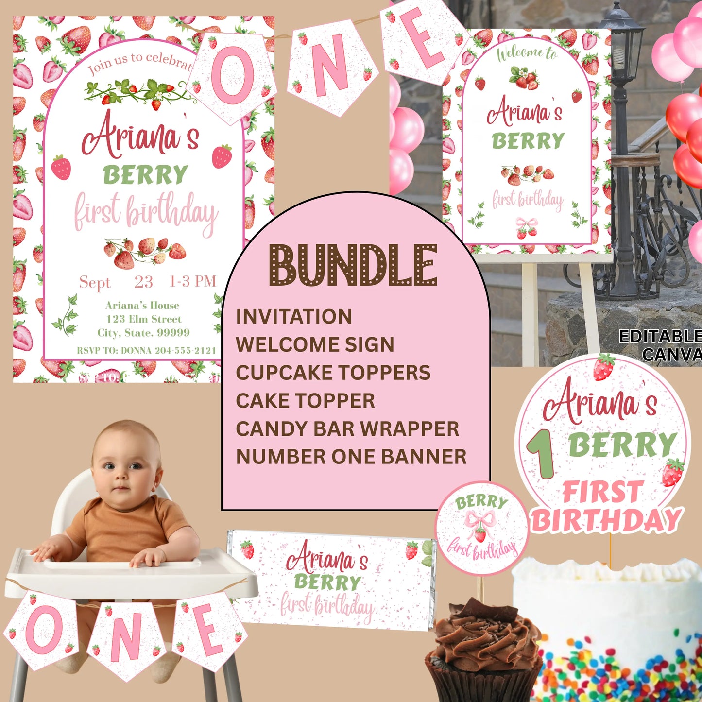 Collection of birthday party decorations with 'Ariana's Berry First Birthday' theme, including invitations, signs, and cupcake toppers