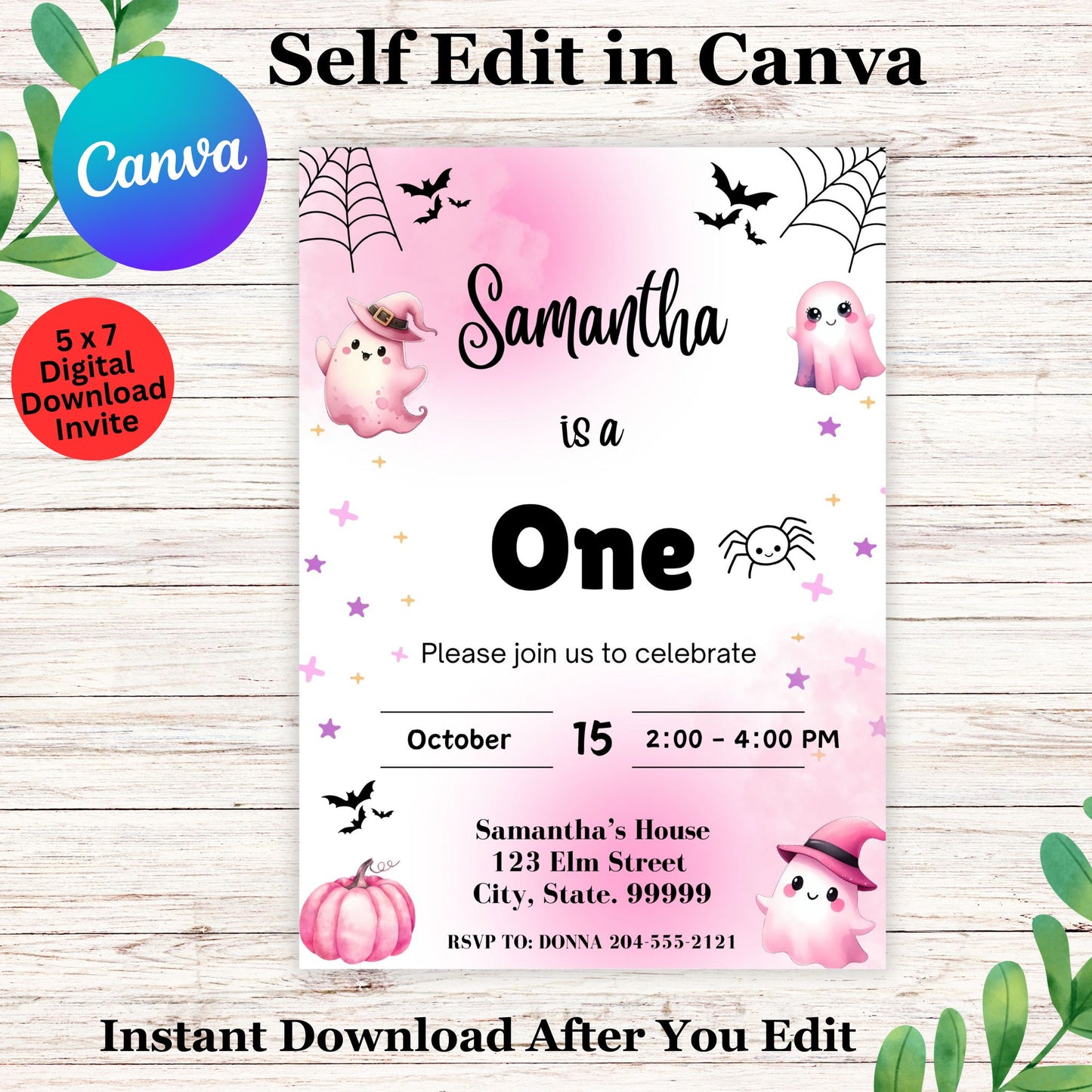 Cute Pink Ghost Spooktacular Birthday Invitation | Editable Halloween Girls Birthday Invite | Hey Boo Bday Party Template