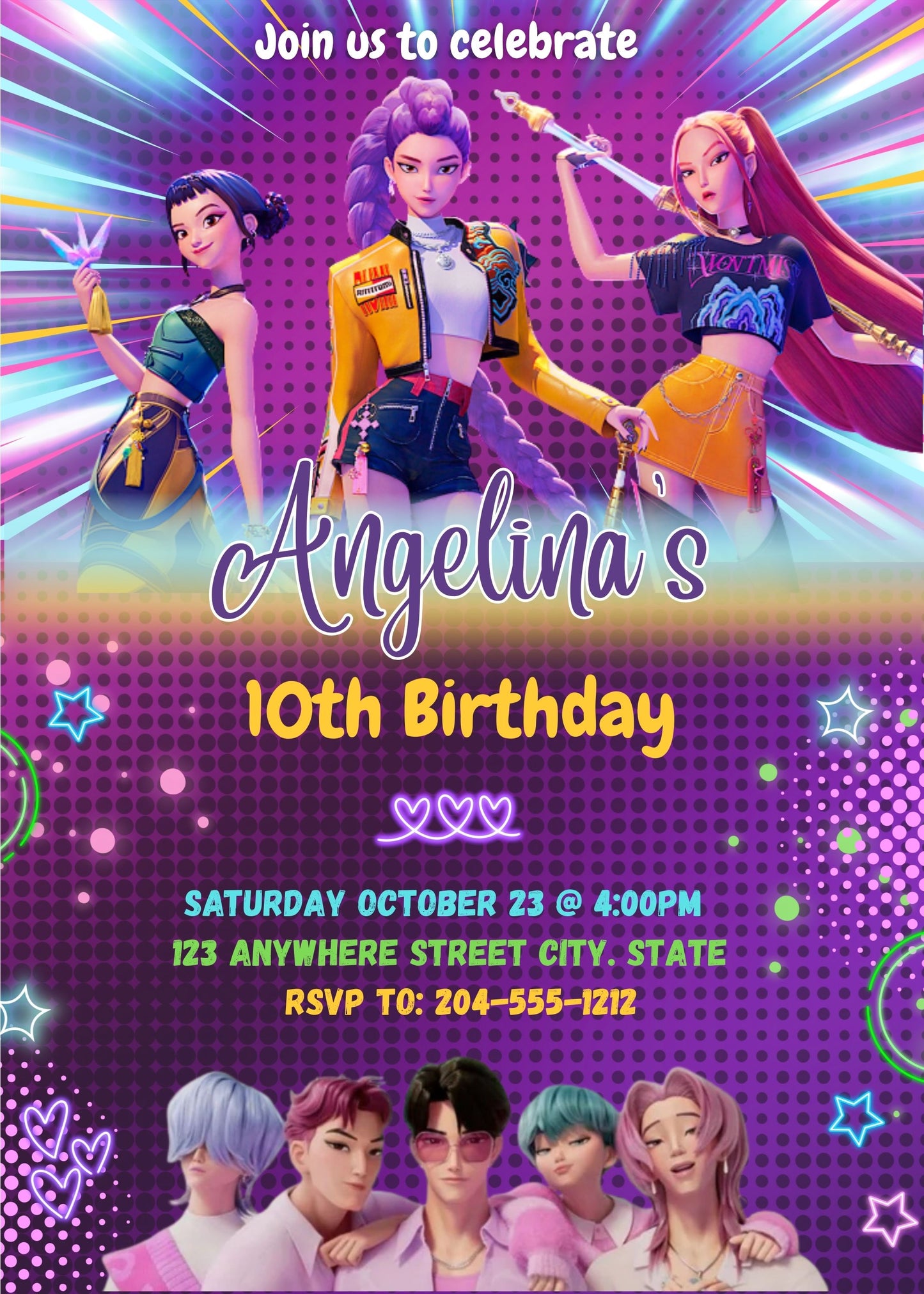 personalized kpop demon hunters birthday invitation