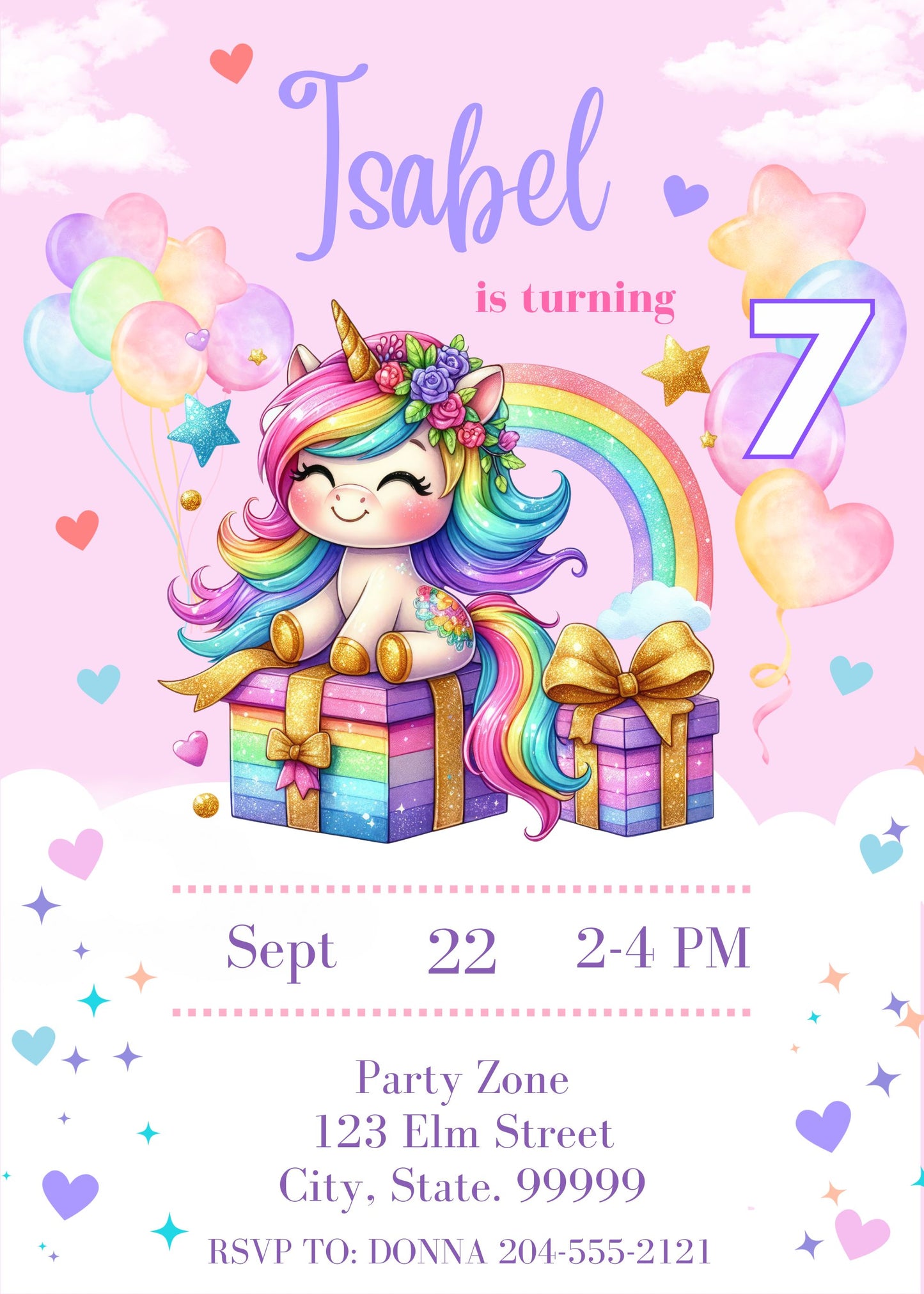 Whimsical unicorn party invitation editable