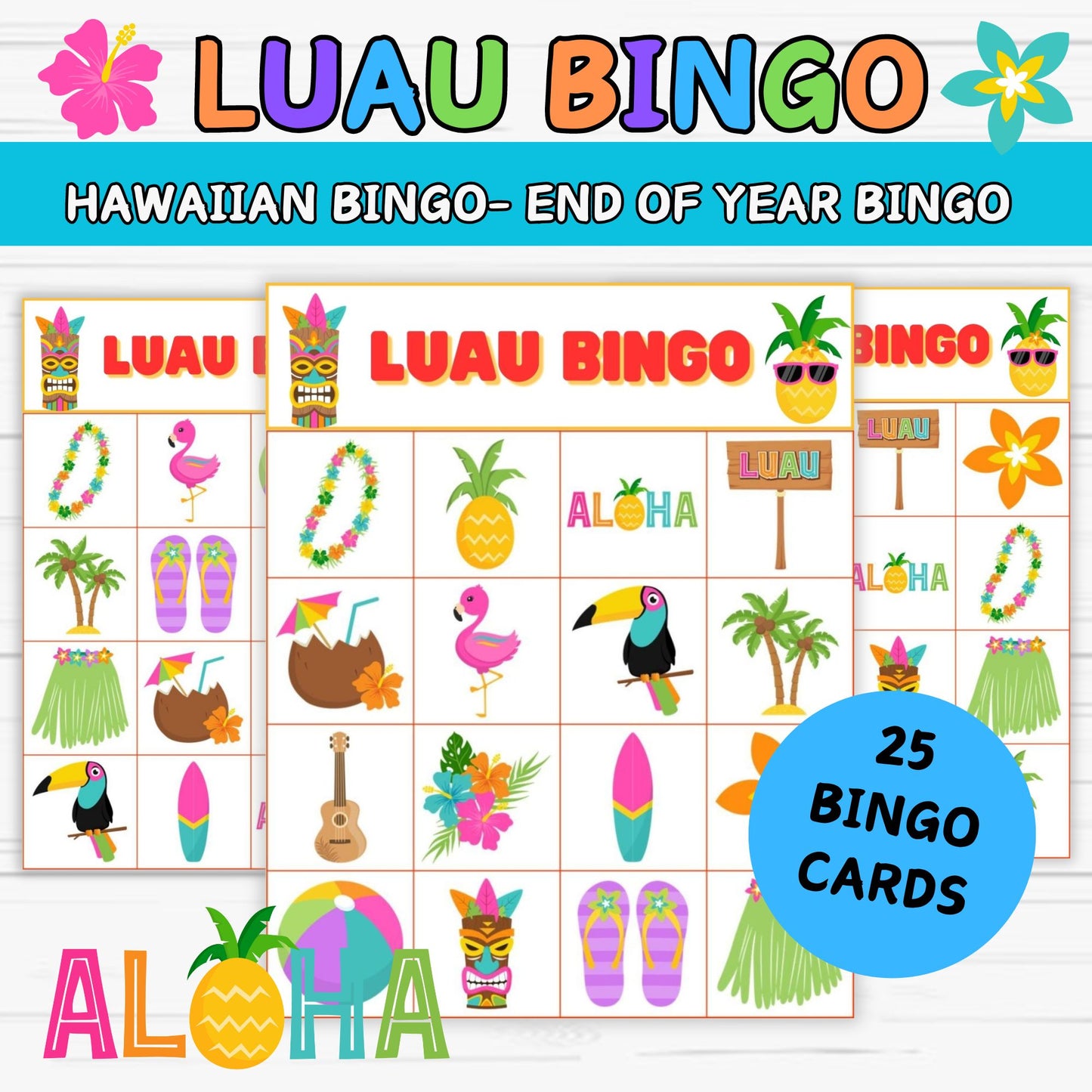 luau bingo cards printable, luau bingo printable, hawaiian luau games printable hawaiian luau printables, luau birthday party for kids printable pdf bingo games, end of year party, end of year activities,