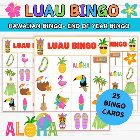 luau bingo cards printable, luau bingo printable, hawaiian luau games printable hawaiian luau printables, luau birthday party for kids printable pdf  bingo games, end of year party, end of year activities,