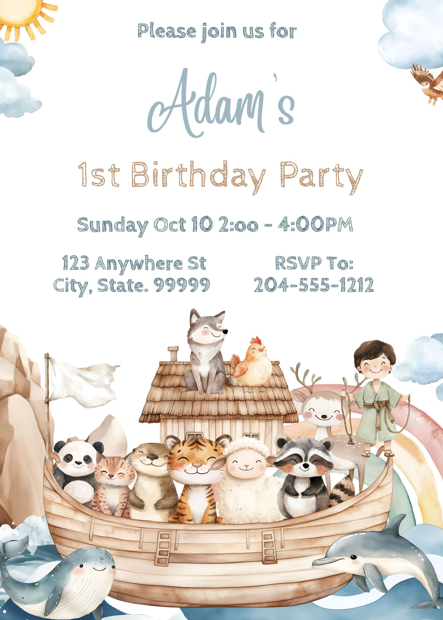 boys noah's ark birthday invitation