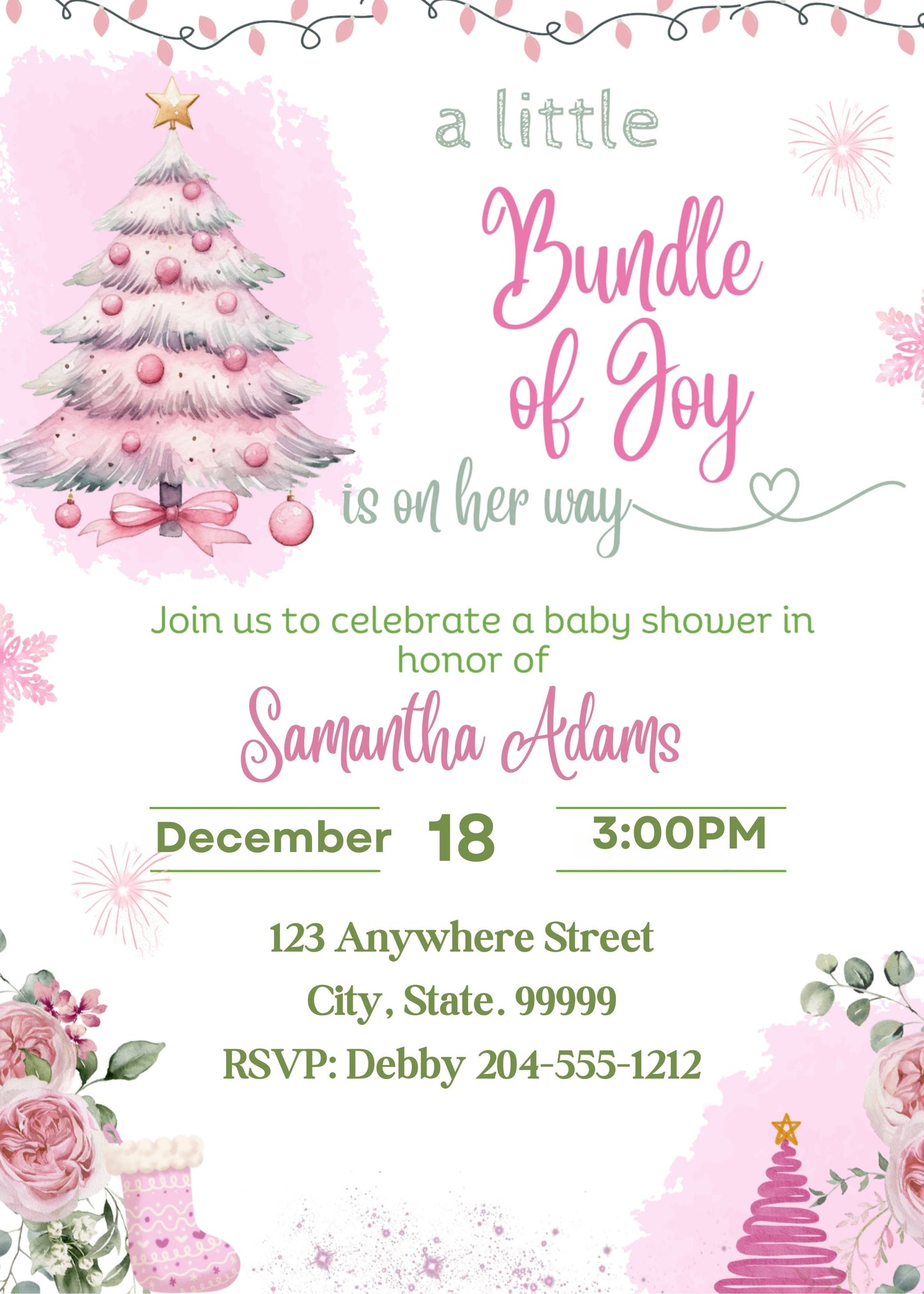 Winter pastel pink snowflake sleigh baby shower invitation
Merry little baby shower girl invite