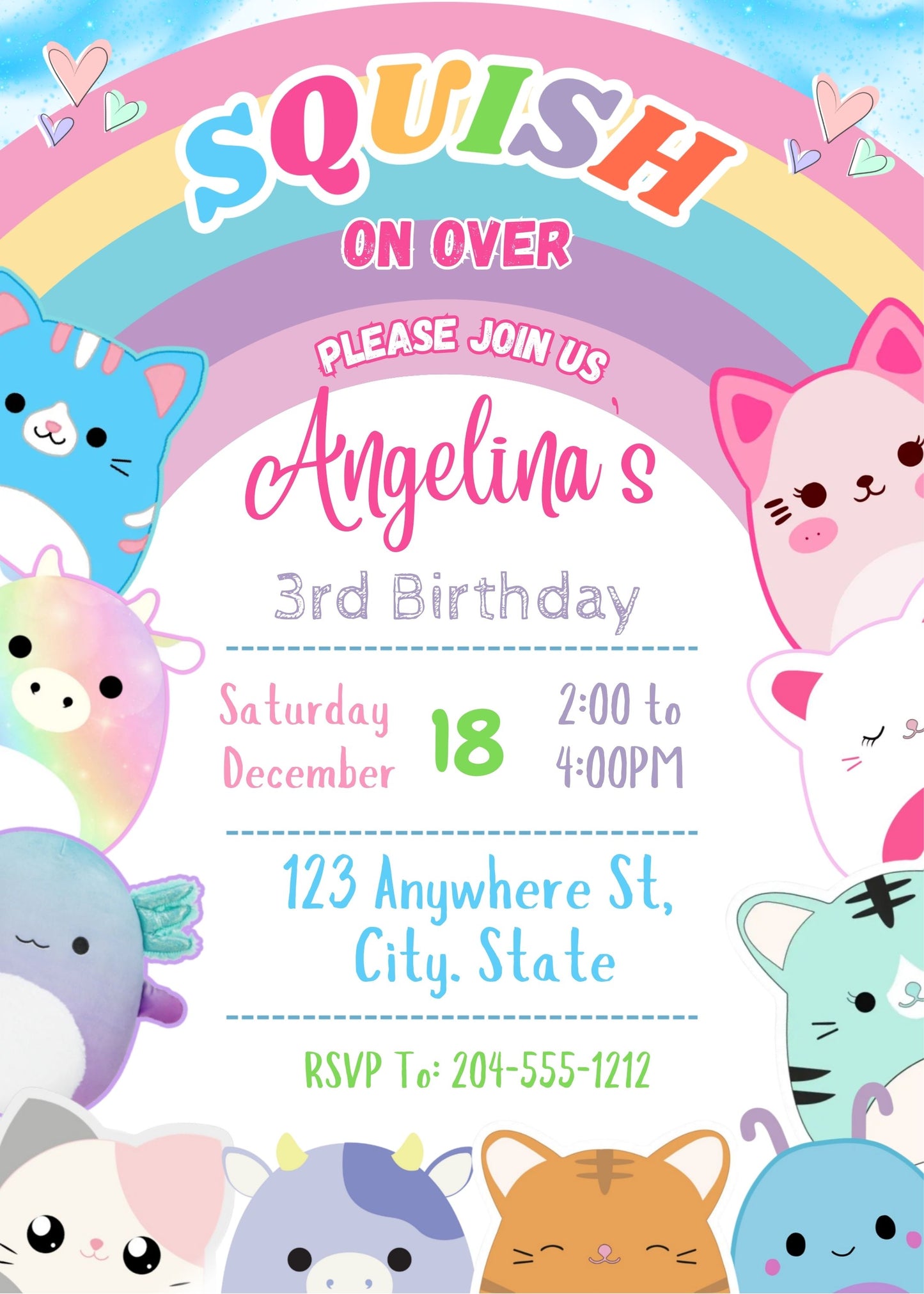 girls squishmallow birthday invitation template