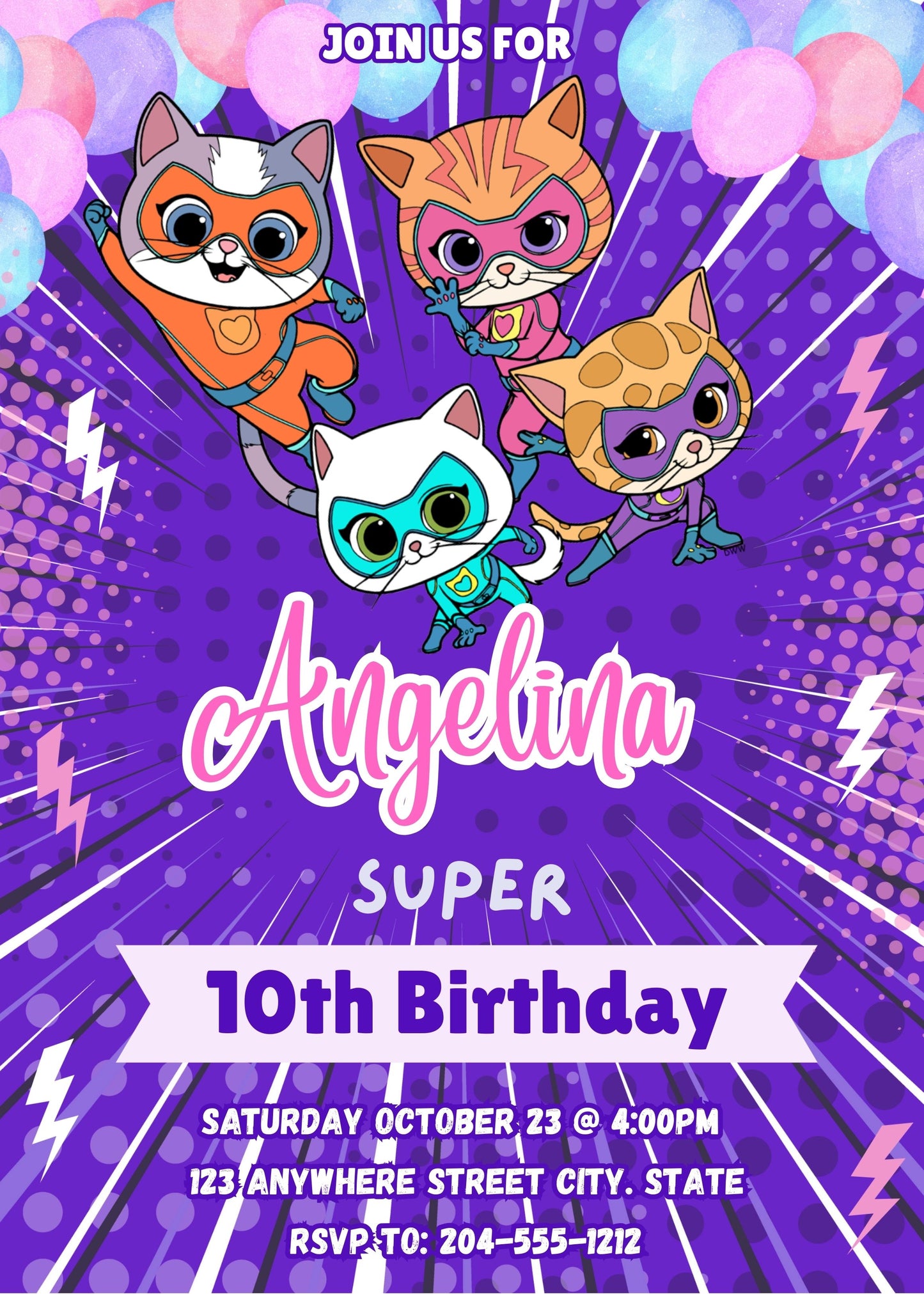 cute super kitties birthday invitation