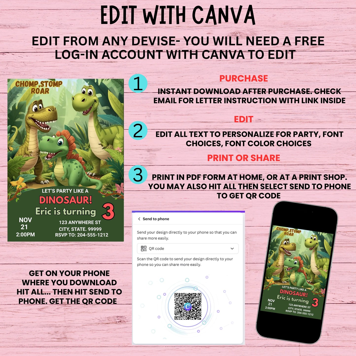 Dinosaur Party Invitation, Dino Boy Birthday Party, Dinosaur World Invite, T-Rex Party Invite, Jurassic 1st 3rd 5th Birthday, Editable Canva