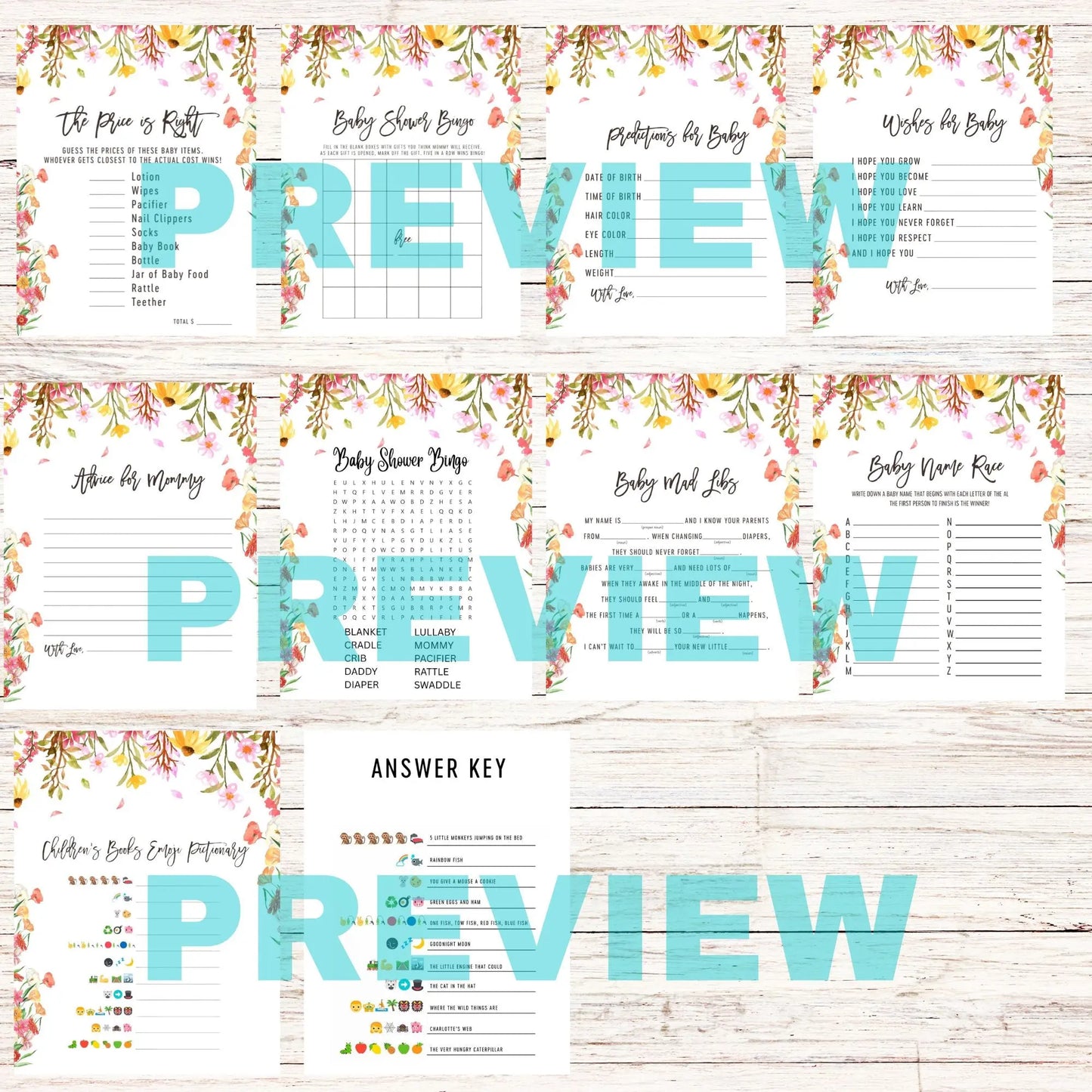 printable wildflower baby shower games