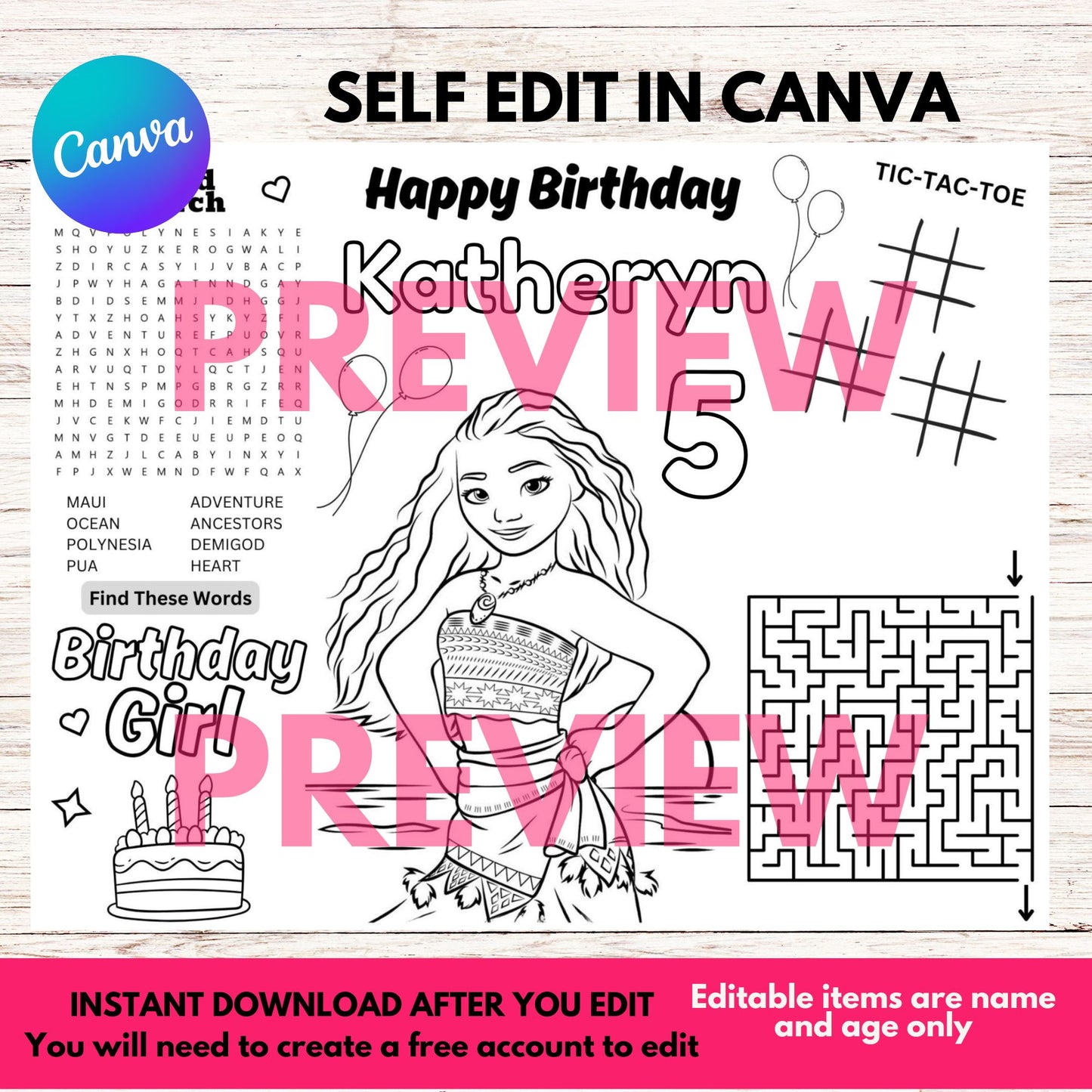 Moana Activity Mat Sheet for Kids Template - Personalized Moana Coloring Sheet Editable