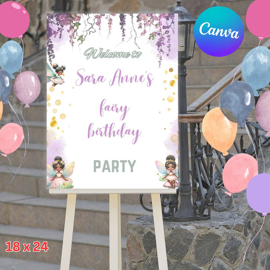 Black Fairy Birthday Party Poster Sign Template - Fairy 1st Birthday Sign Editable in Canva