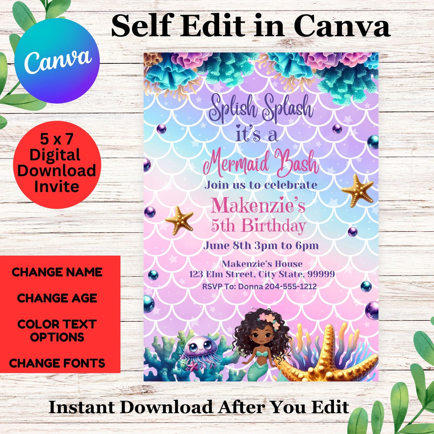 Black Mermaid Birthday Invitation- African American Mermaid Invite Template
