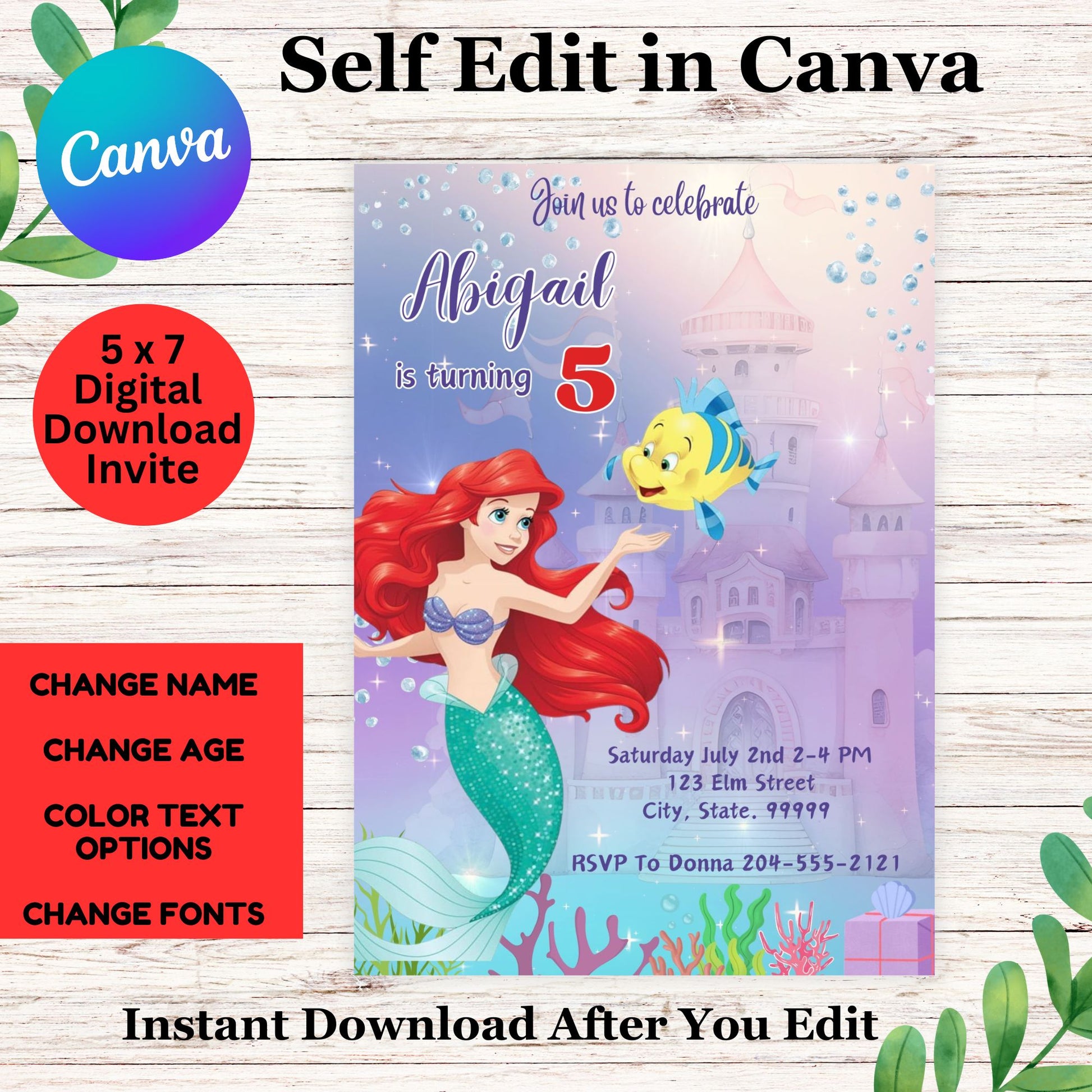 Ariel Princess Birthday Invitation - Little Mermaid Birthday Invitation Template