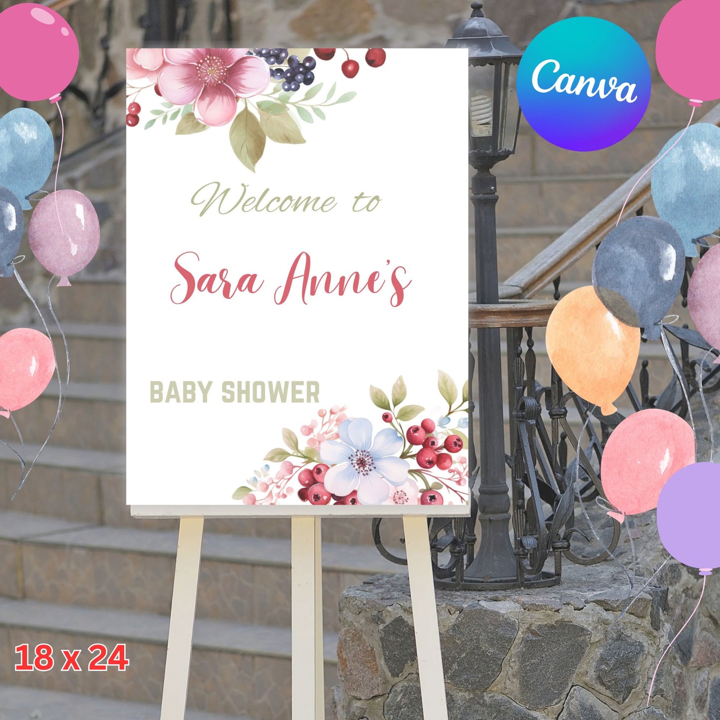 Baby in Bloom Baby Shower Welcome Poster Template - Cute Flower Welcome Sign