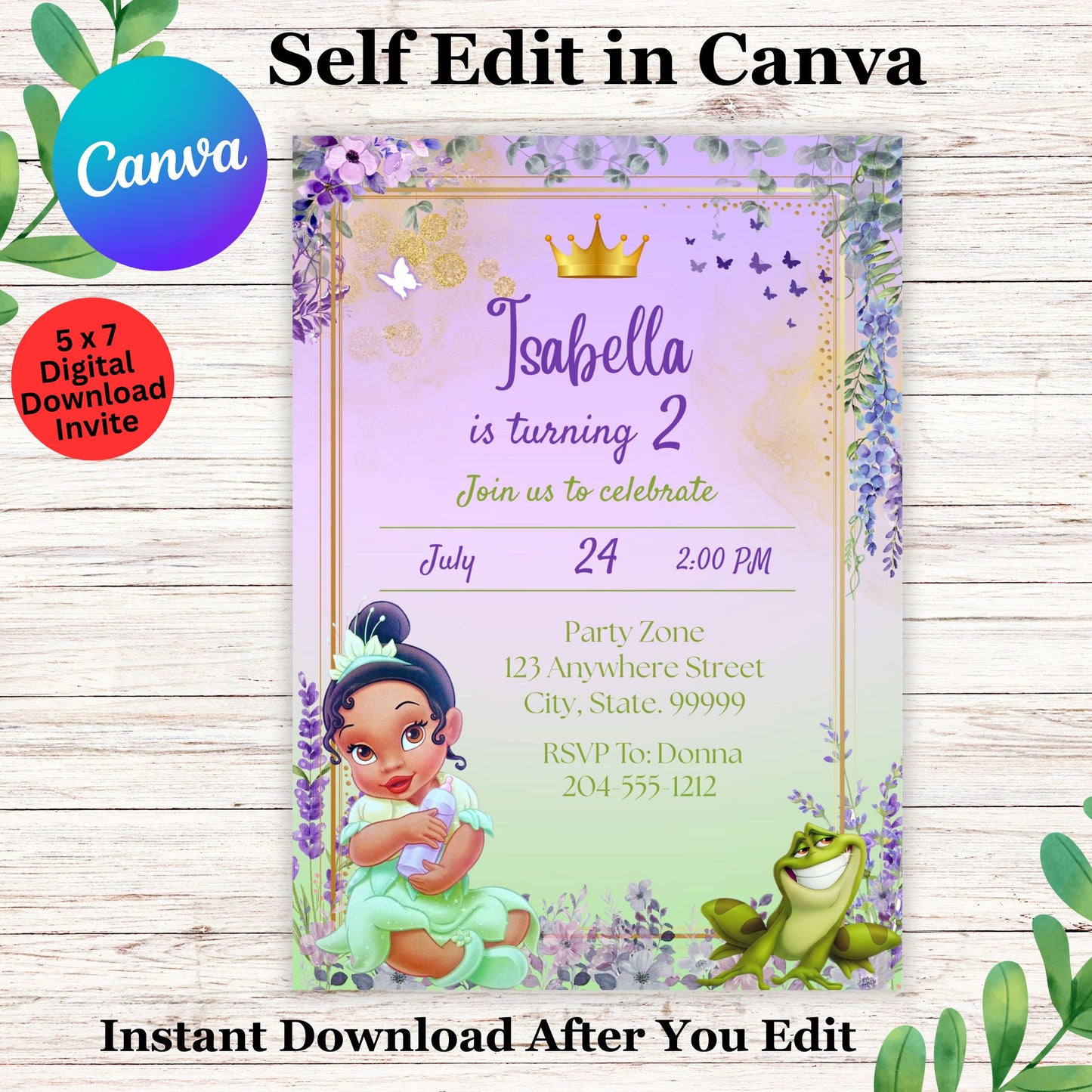 Baby Tiana Princess Birthday Invitation Template - Editable Baby Tiana Invite in Canva