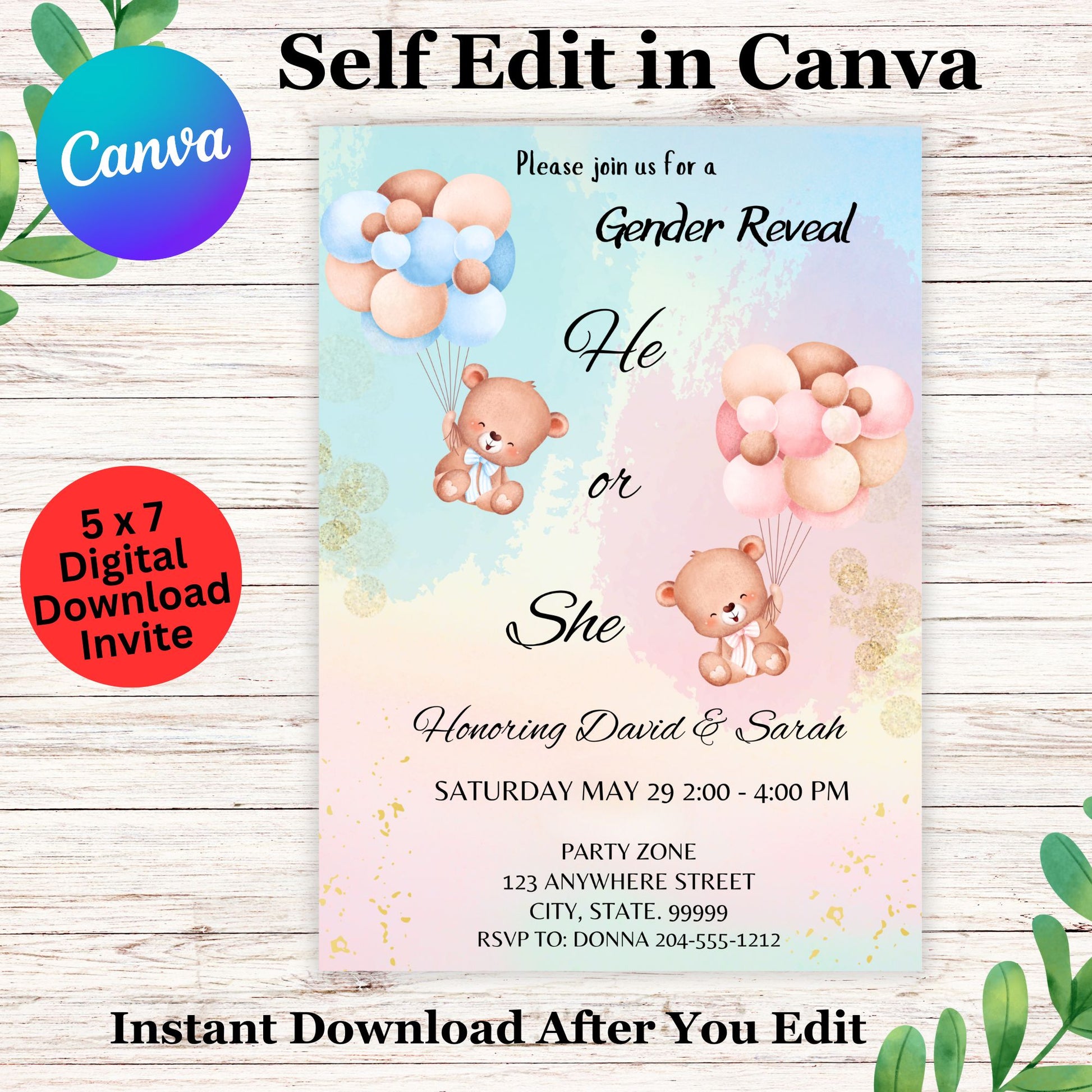 Gender Reveal Invitation- Bear Balloon Gender Reveal Invite Template - Printable