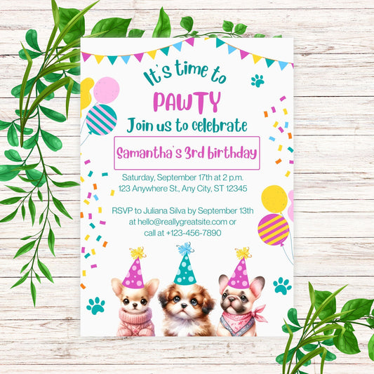 Let's Pawty Girl Birthday Invitation - Dog Birthday - Printable
