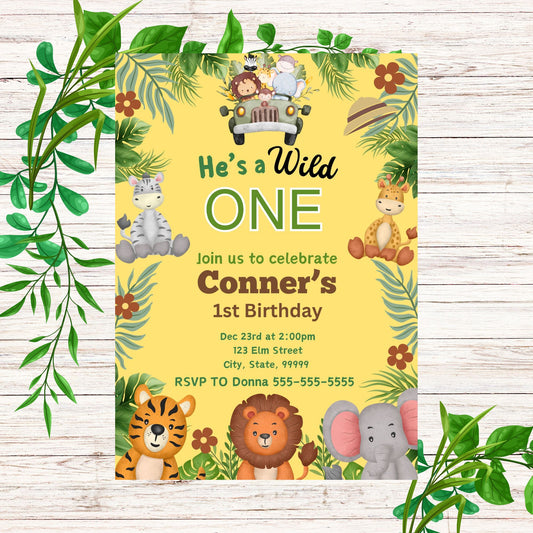 Wild One Birthday Invitation for Boy- Safari Birthday Invitations online