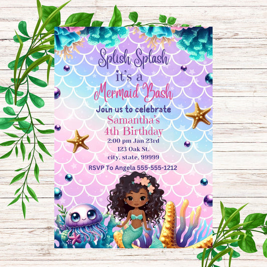 Black Mermaid Birthday Invitation- African American Mermaid Invite