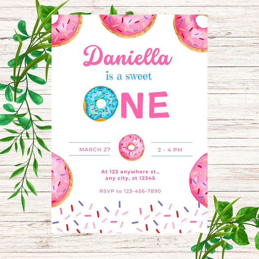 Sweet One Baby Girl Birthday Invitation - Donut Invitation