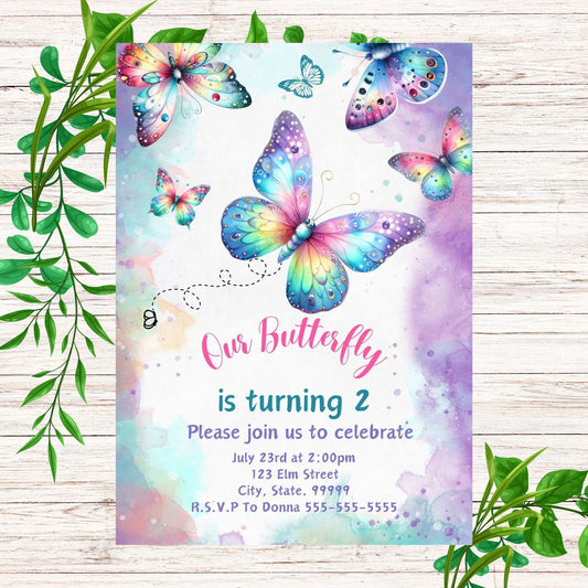 Butterfly Girls Birthday Invitation- Butterfly Purple Birthday Invitation