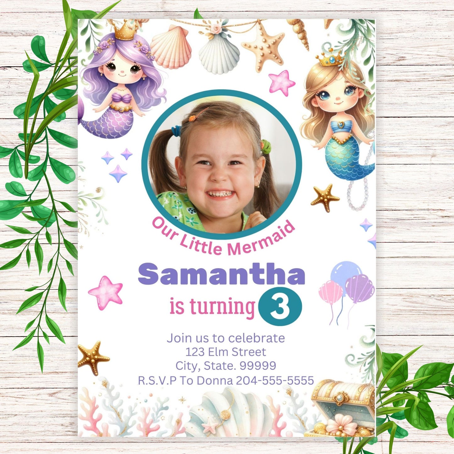 Cute Mermaid Custom Birthday Invitation - Printable