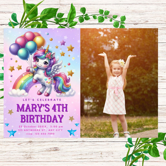 Unicorn Birthday Photo Invitation for Girl- Printable