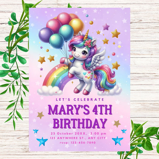 Unicorn Personalized Birthday Invitation- PDF Emailed to you