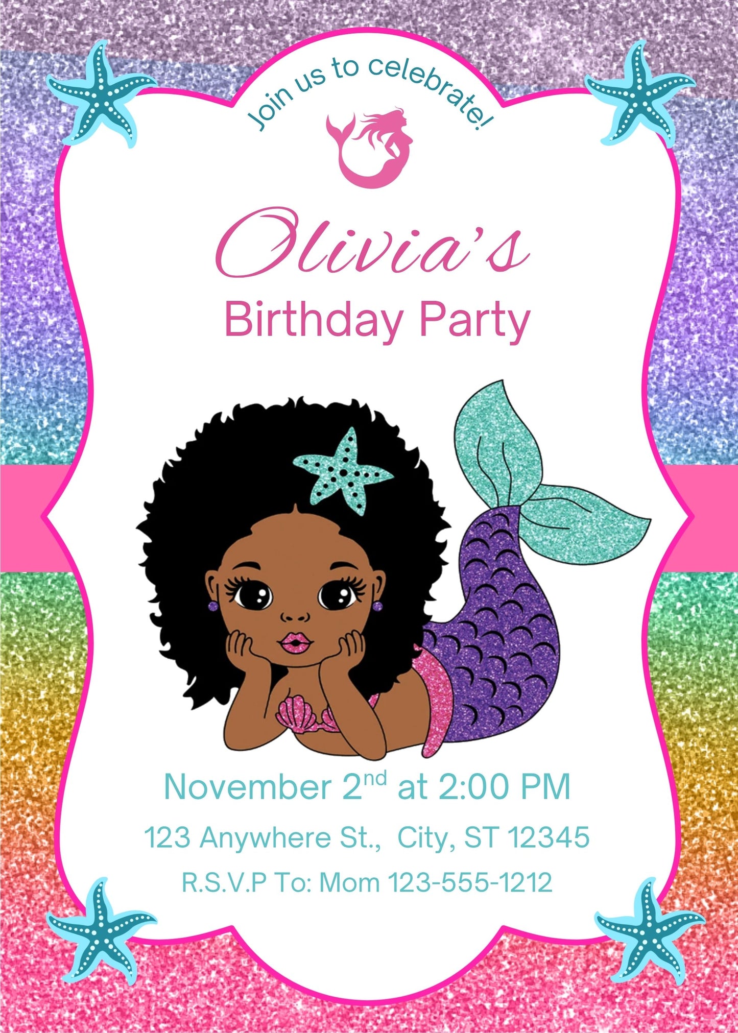 girl black mermaid birthday invite template