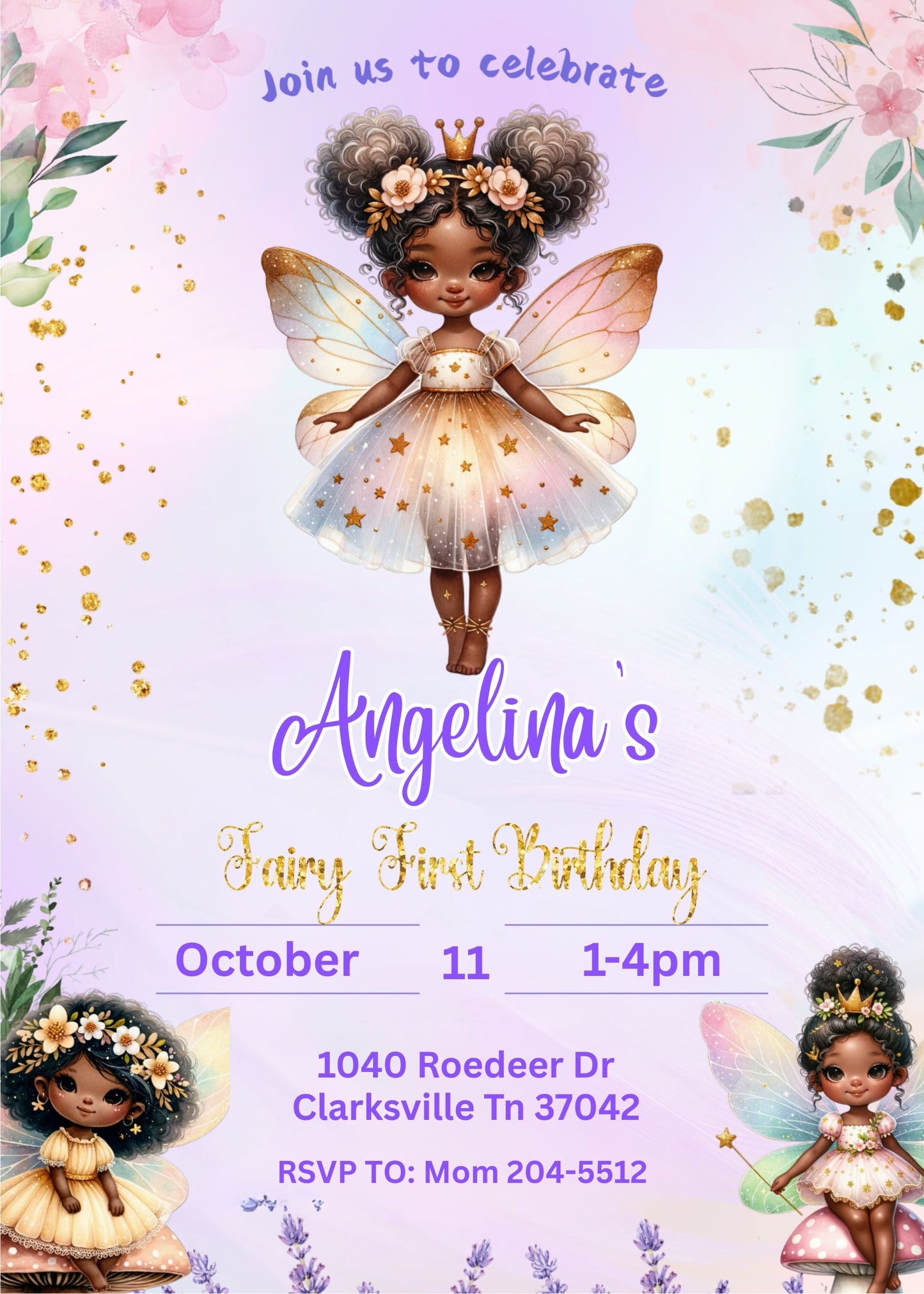 melanin fairy1st birthday girl party invite