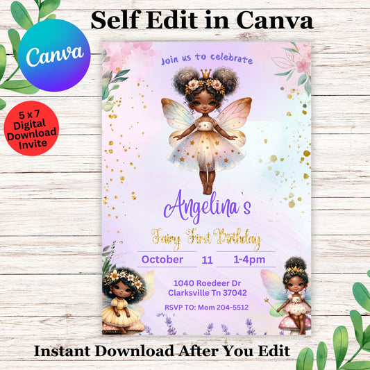 Cute African American Fairy First Birthday Invitation Template - Black Fairy 1st Birthday Invite