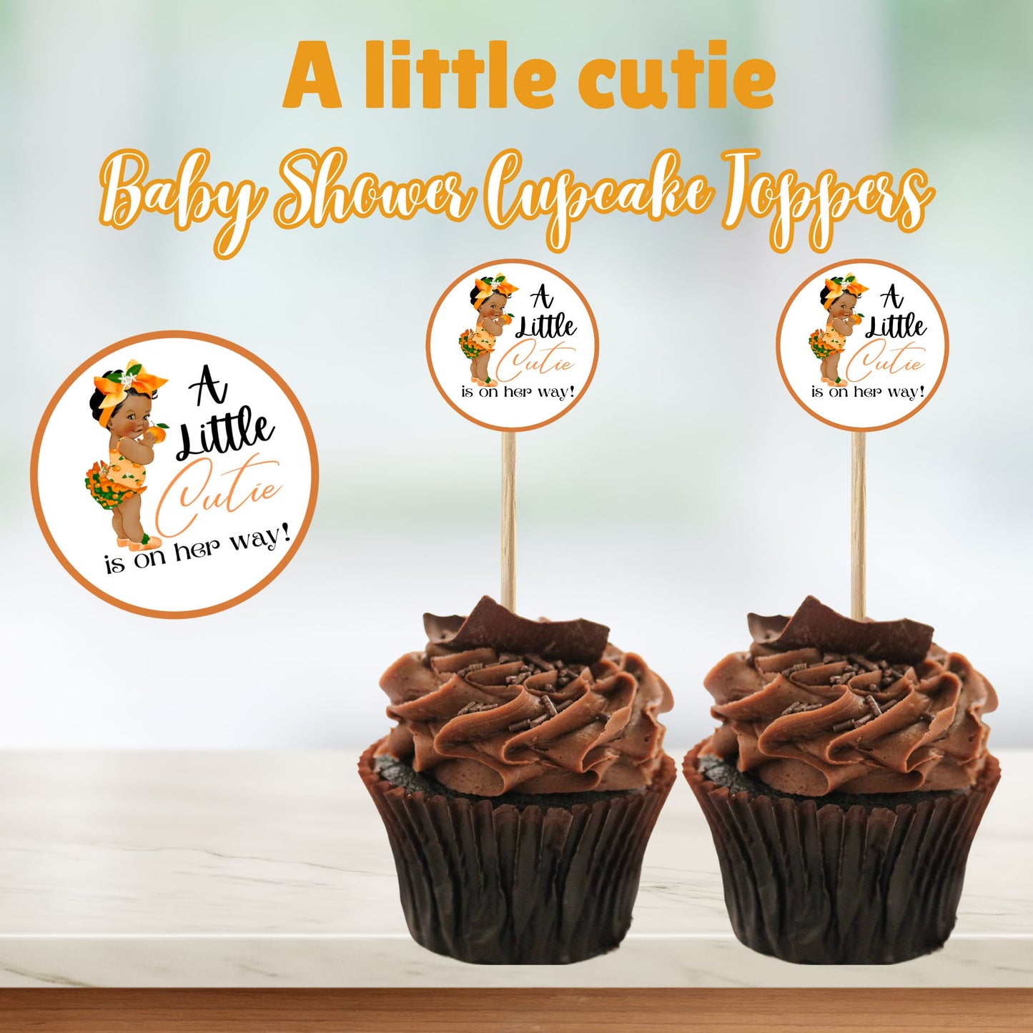 A Little Cutie is on Her Way Black Baby Shower Cupcake Toppers - Instant Download