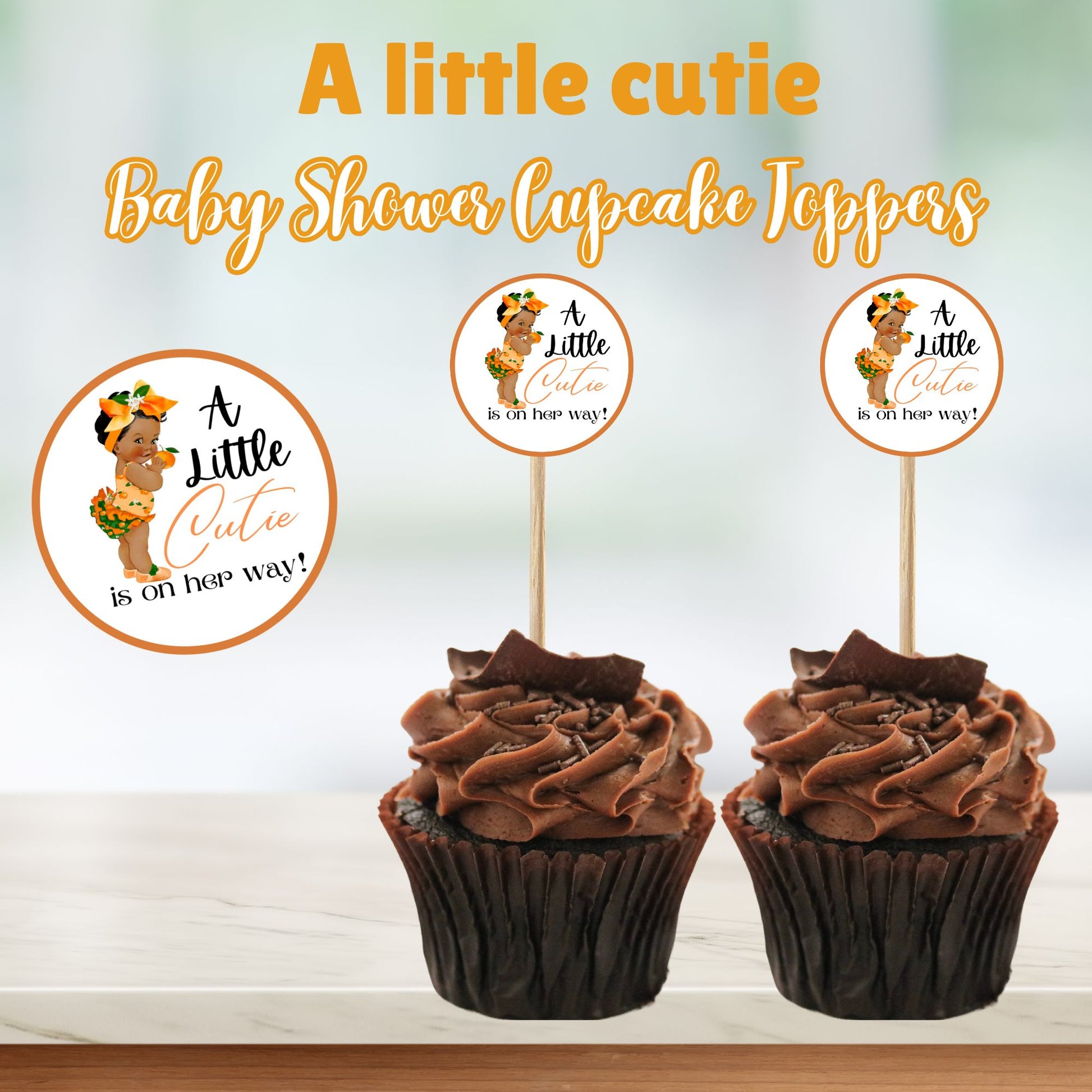 A Little Cutie is on Her Way Black Baby Shower Cupcake Toppers - Instant Download
