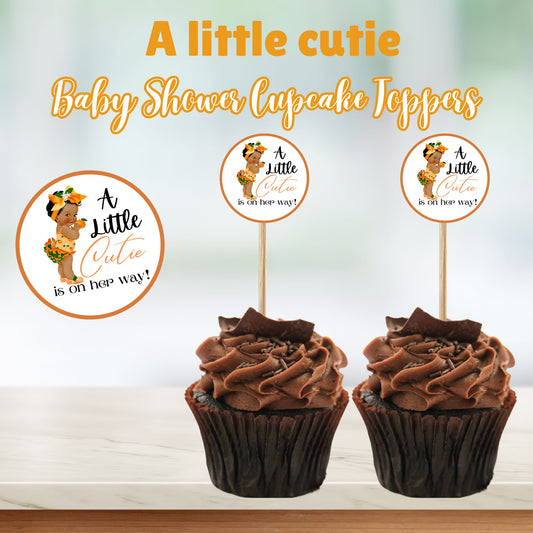 A Little Cutie is on Her Way Black Baby Shower Cupcake Toppers - Instant Download