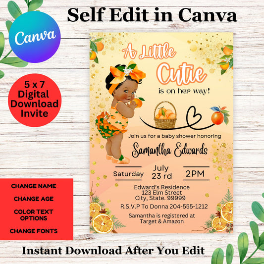 African American a Little Cutie Baby Shower Invitation Template - Orange Cutie Baby Shower