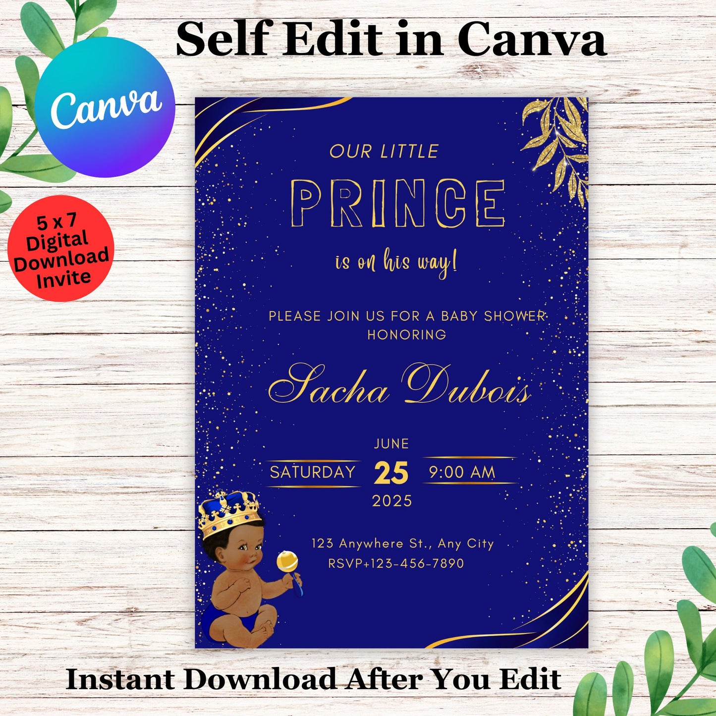 Black Little Prince is on his Way Baby Shower Invite- Editable Prince Baby Shower Invitation